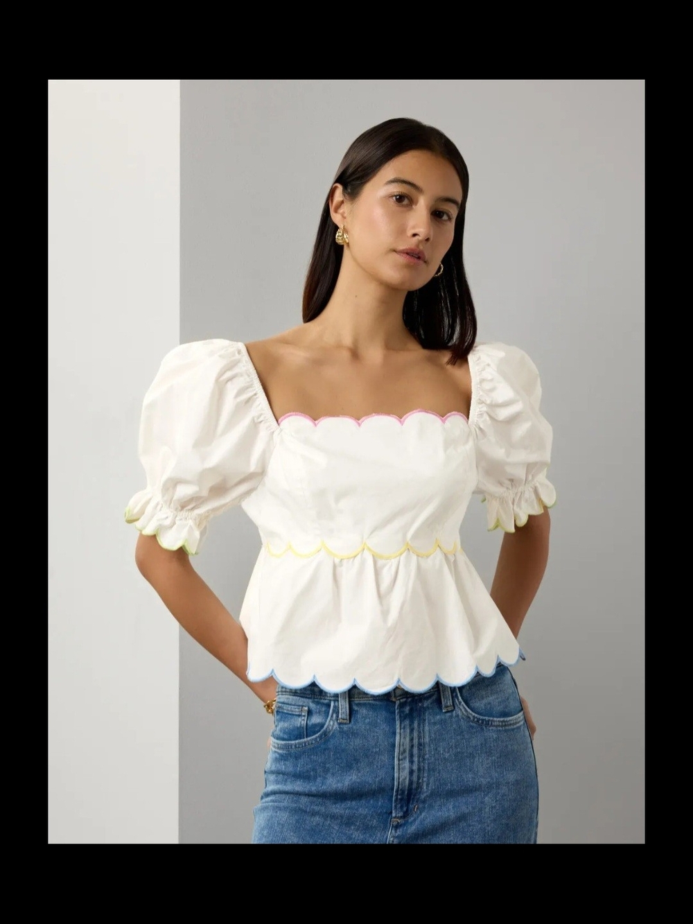 English Factory White Puff Sleeve Scallop-Trim Top with Multicolor Accents